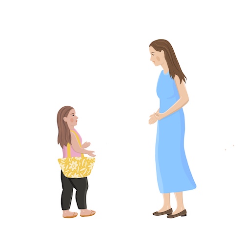 Rysunek dwóch rozmawiających ze sobą kobiet. Jedna z nich jest niskorosła i trzyma torbę na ramieniu.